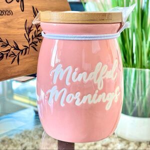 NWT ECCOLO Pink Ceramic jar with Wood lid 30 mindful morning cards & cute pouch!